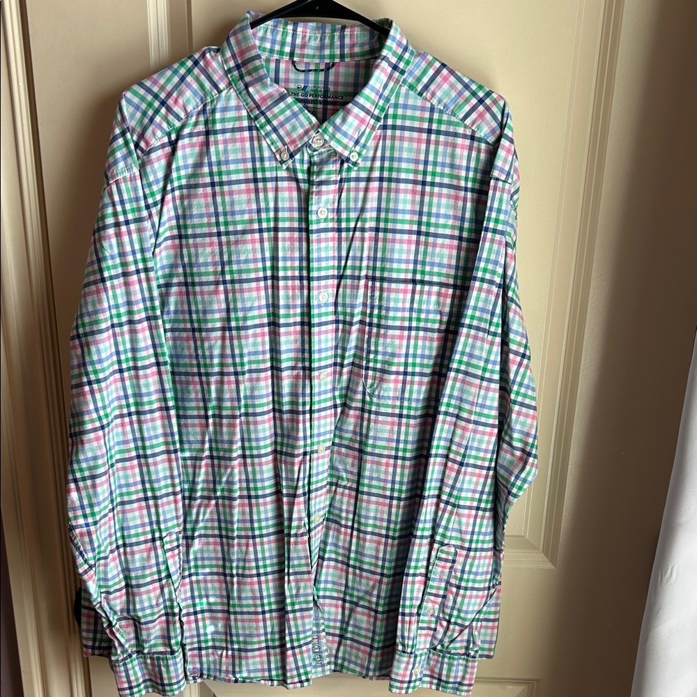 Vineyard Vines Men's Green and Pink Plaid Shirt. 0056